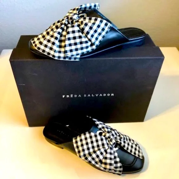 NWT FREDA SALVADOR Ono Black White Gingham Bow Tie Mule Flats 6 MSRP $325